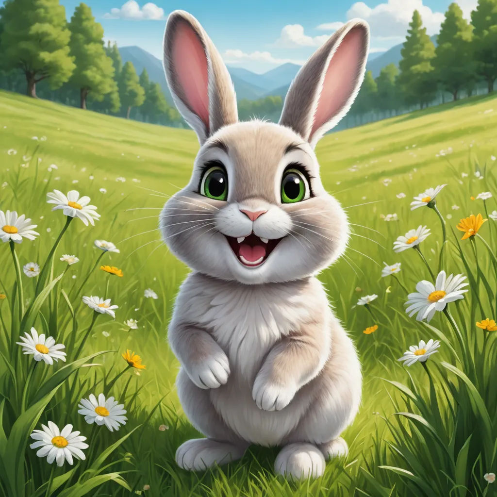 a painting of a rabbit sitting in a field of daisies with a sky background and trees in the background, furry art, a character portrait, Beatrix Potter, cheerful