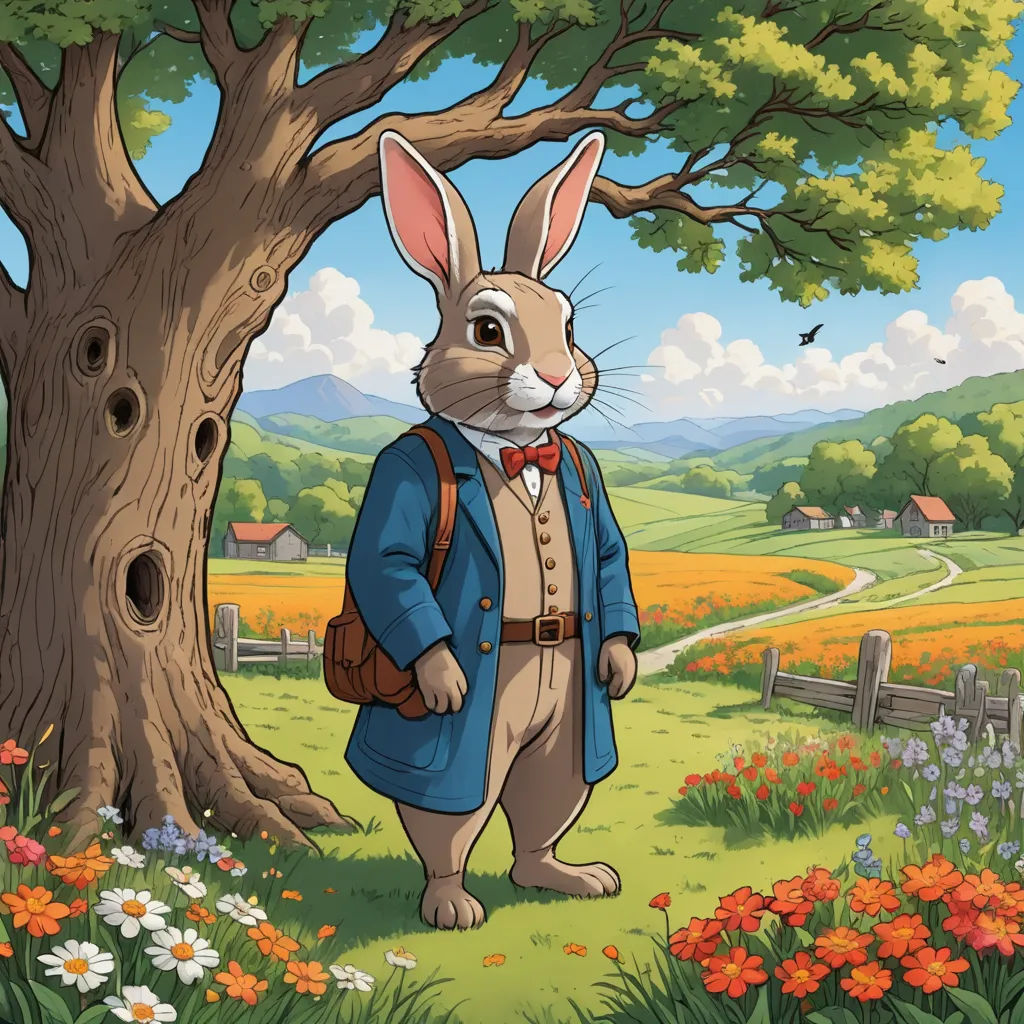 a rabbit in a blue jacket standing in front of a tree with a red bow tie and a bag, furry art, a storybook illustration, Chris LaBrooy, official art