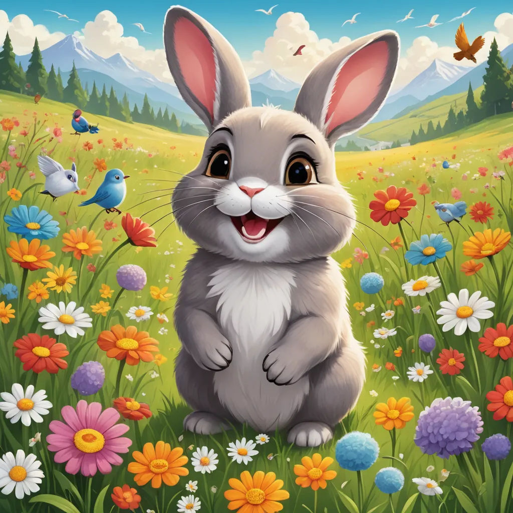a cartoon bunny sitting in a field of flowers with a bird flying above it and a bird flying above it, furry art, a character portrait, Beatrix Potter, official art