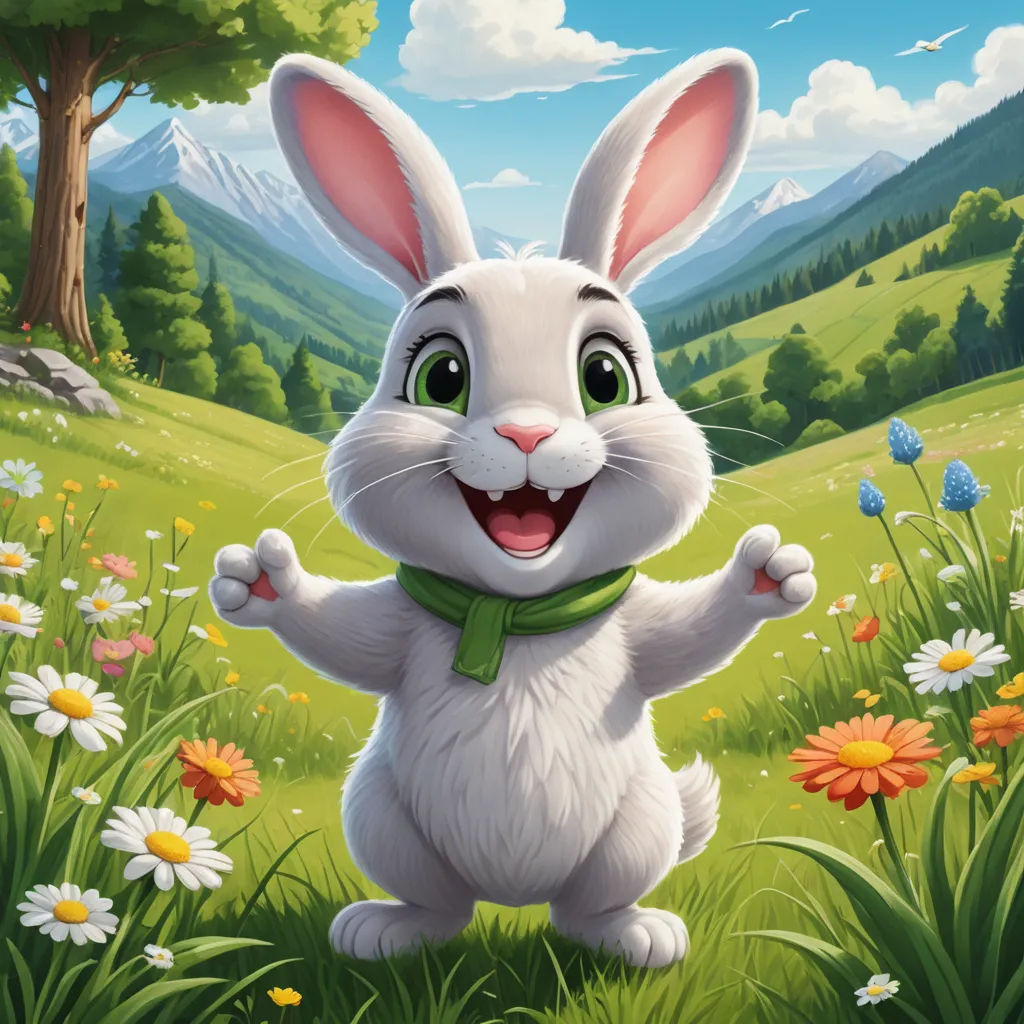 a cartoon bunny is standing in a field of flowers and grass with a tree in the background and a mountain in the background, furry art, a character portrait, Chris LaBrooy, rossdraws global illumination