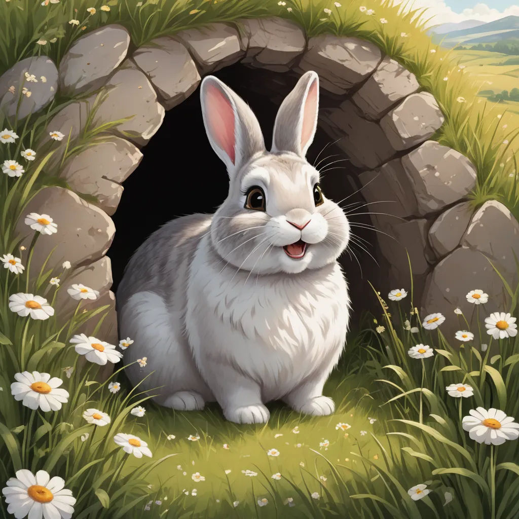 a white rabbit sitting in a hole in the grass with daisies around it and a mountain in the background, furry art, a storybook illustration, Ed Binkley, official art