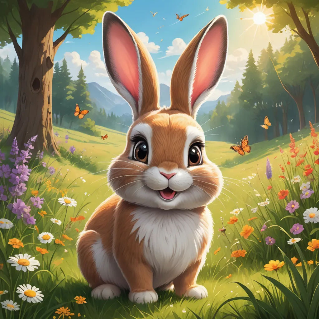 a cartoon bunny sitting in a field of flowers and grass with a butterfly flying overhead in the sky above, furry art, a detailed painting, Chris LaBrooy, rossdraws global illumination