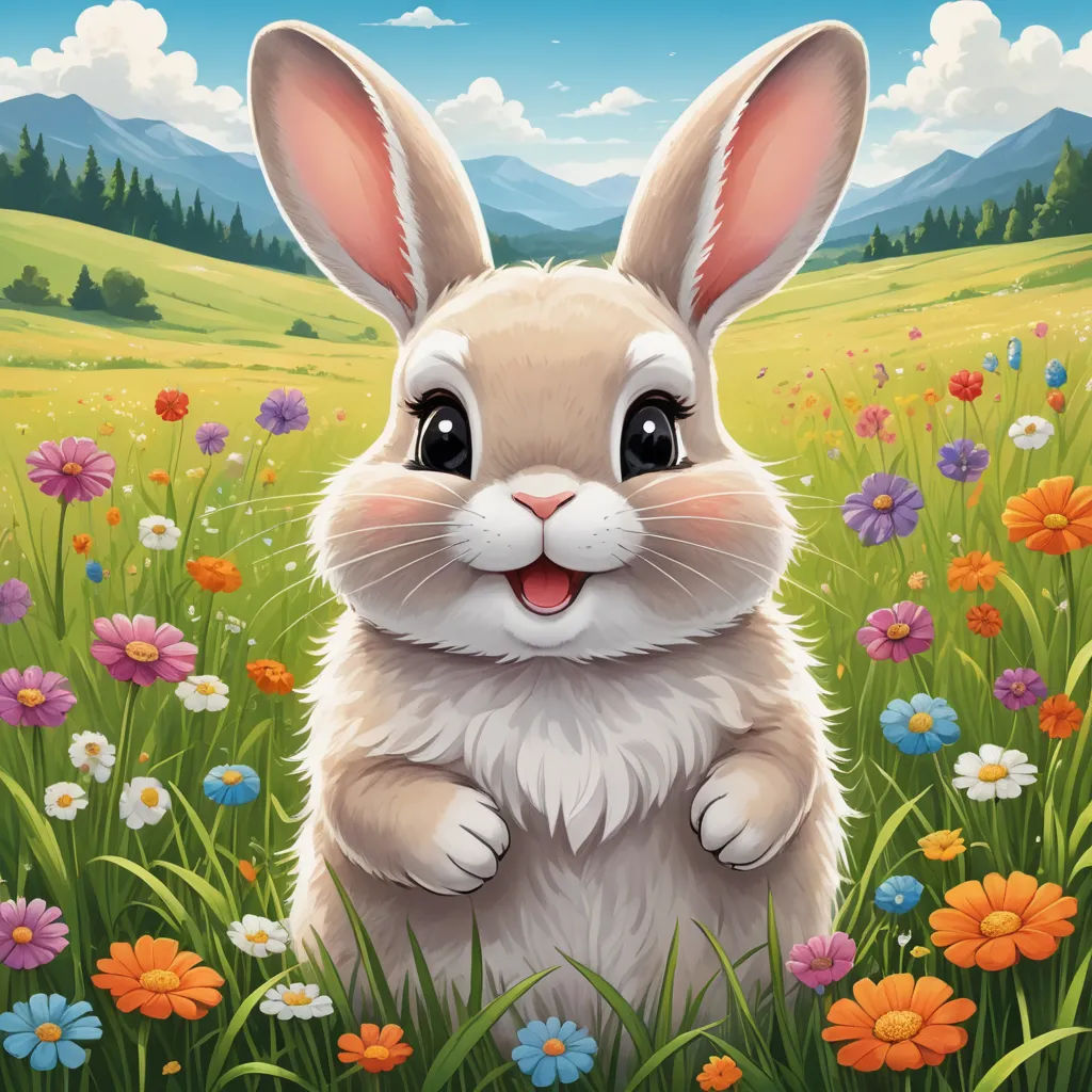 a rabbit is sitting in a field of flowers and daisies with a mountain in the background and a blue sky, furry art, a character portrait, Beatrix Potter, rossdraws global illumination