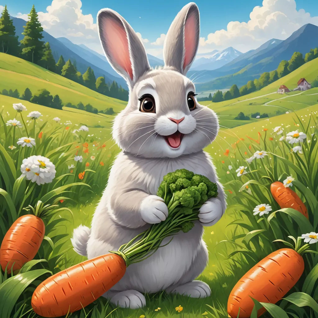 a rabbit holding a bunch of carrots in a field of grass with mountains in the background and flowers in the foreground, furry art, a storybook illustration, Chris LaBrooy, official art