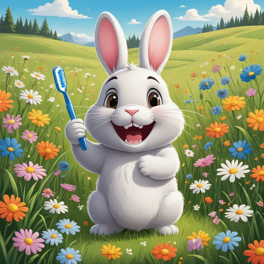 a cartoon bunny holding a toothbrush in a field of flowers and daisies with a forest in the background, furry art, an airbrush painting, Beatrix Potter, behance hd