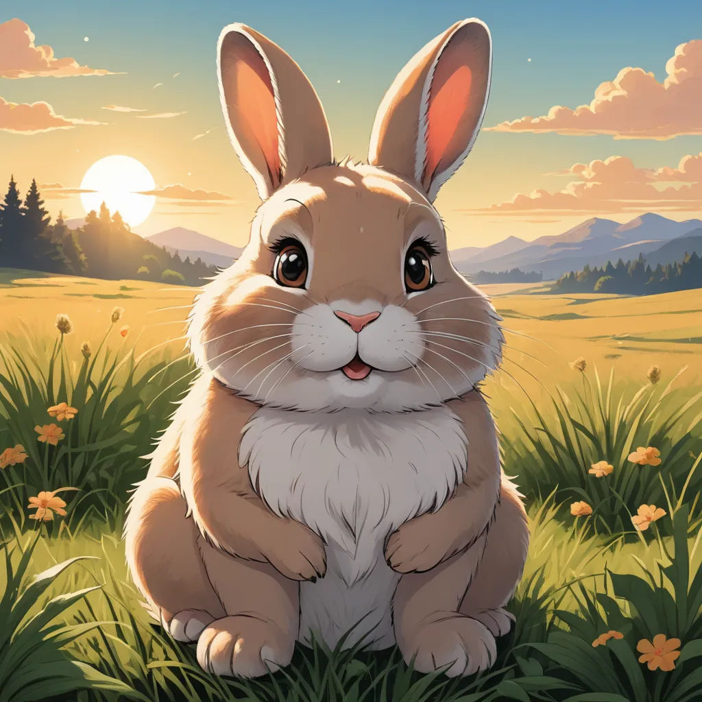 a rabbit sitting in the grass with a sunset in the background and a field of flowers in the foreground, furry art, a character portrait, Chris LaBrooy, rossdraws global illumination
