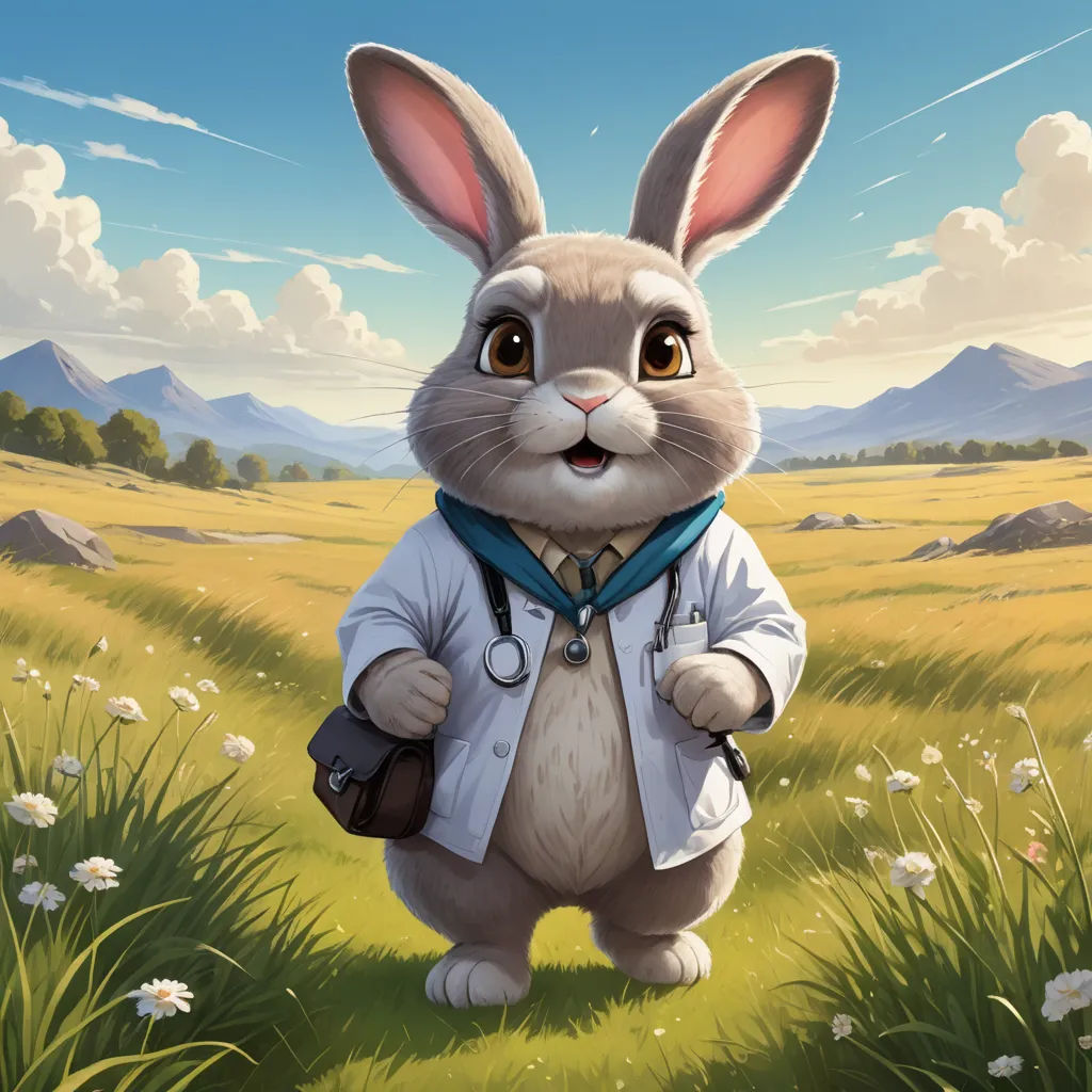 a rabbit in a field with a doctor's coat on and a stethoscope in his hand, furry art, a character portrait, Chris LaBrooy, official art