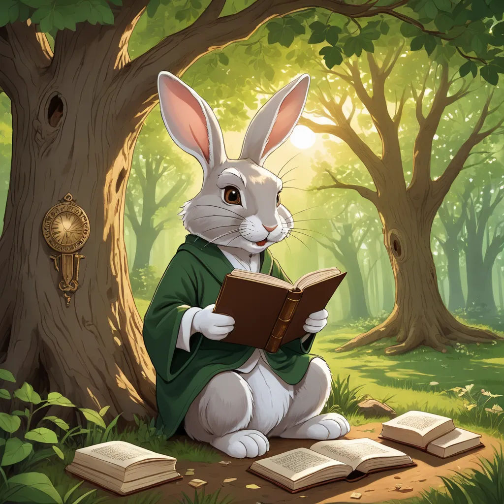 a rabbit sitting in the forest reading a book while reading a bookmark in front of a tree with a golden key, fantasy art, a storybook illustration, Chris LaBrooy, magic the gathering artwork
