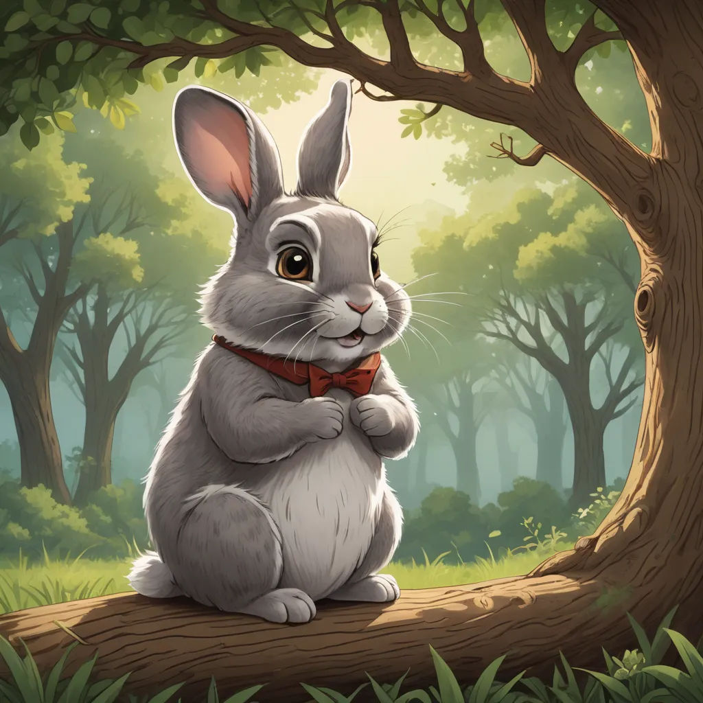 a rabbit sitting in the middle of a forest with a red bow tie on it's neck and a tree in the background, furry art, a storybook illustration, Chris LaBrooy, rossdraws global illumination