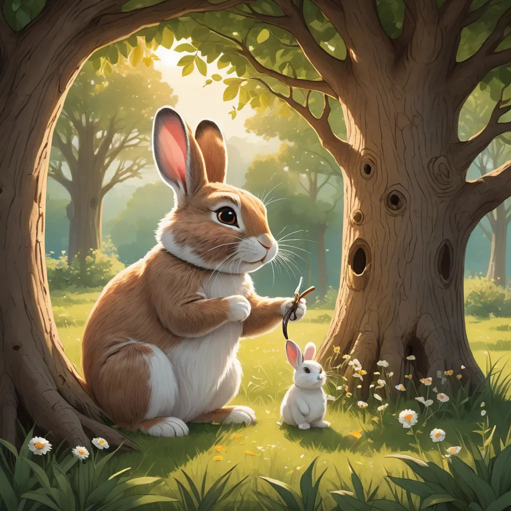a rabbit and a bunny rabbit are sitting in the grass near a tree and a bird is flying by, fantasy art, a storybook illustration, Chris LaBrooy, storybook illustration