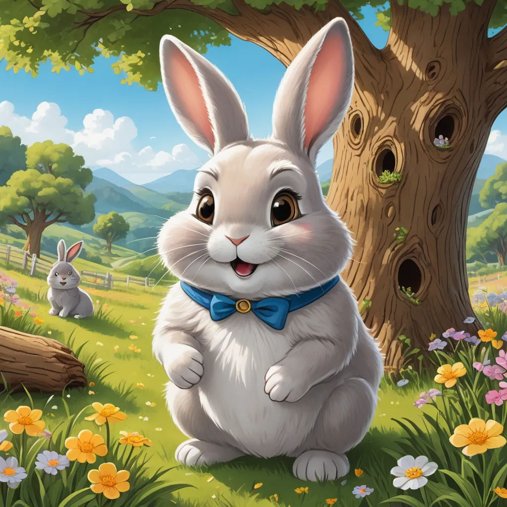 a white rabbit sitting in the grass next to a tree and a birdhouse with a blue bow tie, furry art, an ultrafine detailed painting, Chris LaBrooy, official art