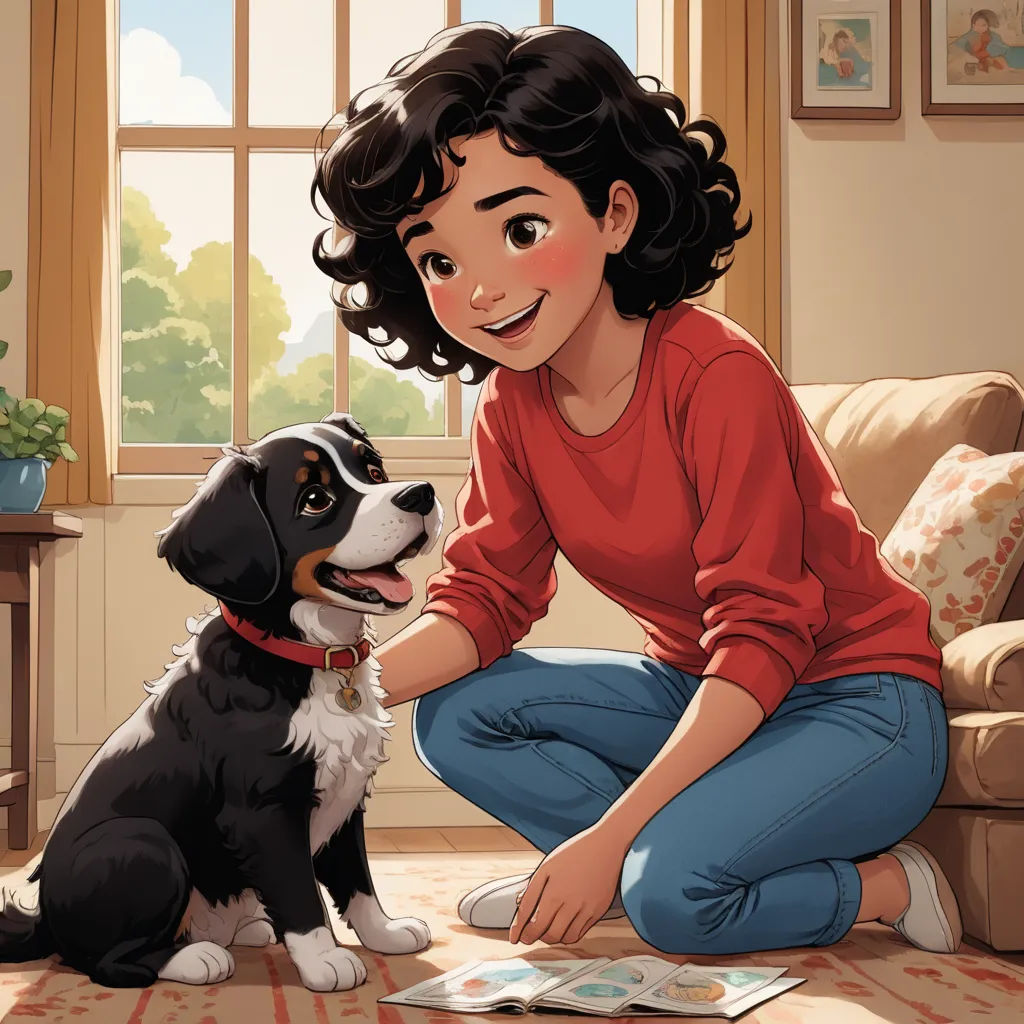 a woman sitting on the floor next to a dog and a book with a dog on it's lap, american scene painting, a storybook illustration, Claire Falkenstein, official art