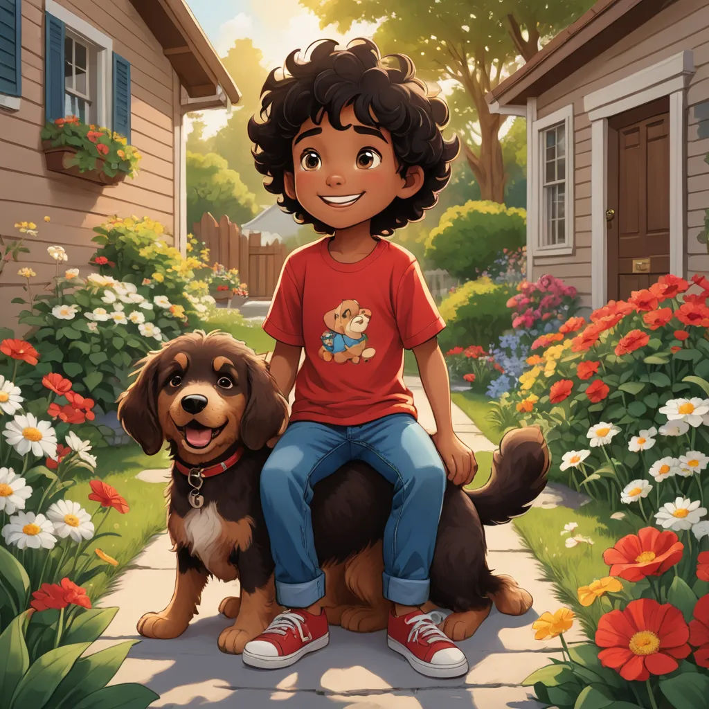 a boy sitting on a dog in a flower garden with a house in the background and flowers around him, furry art, a storybook illustration, Eddie Mendoza, comic cover art