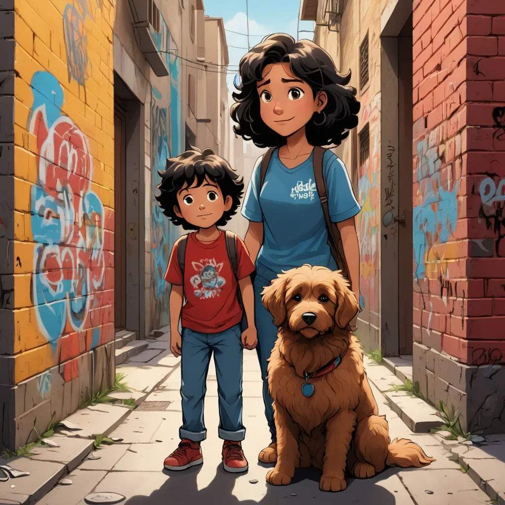 a woman and a boy standing next to a dog on a sidewalk with graffiti on the walls behind them, american scene painting, a comic book panel, Diego Gisbert Llorens, official art