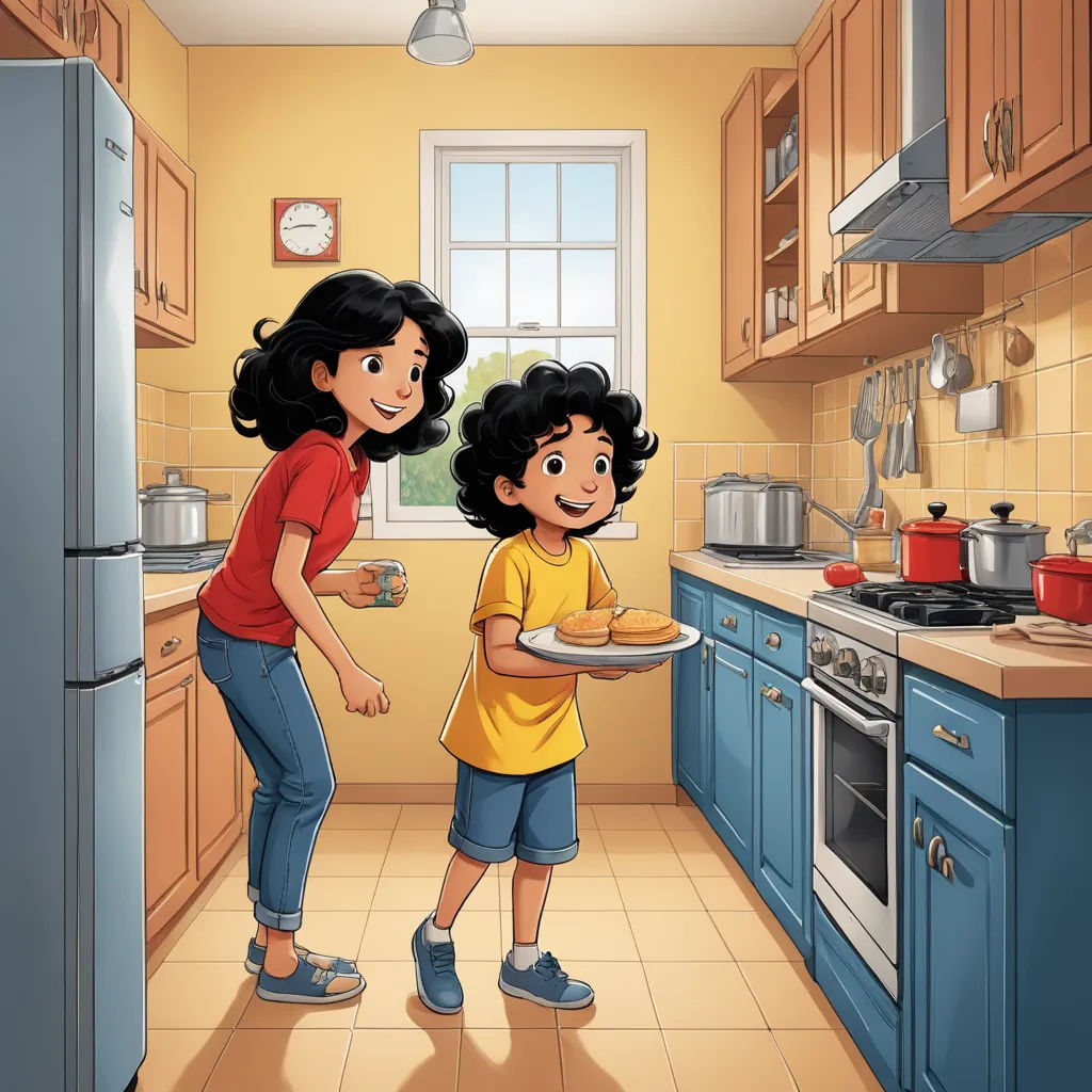 a girl and a boy are in the kitchen with a plate of food on the counter and a window, lyco art, a storybook illustration, Anthony Devas, storybook illustration