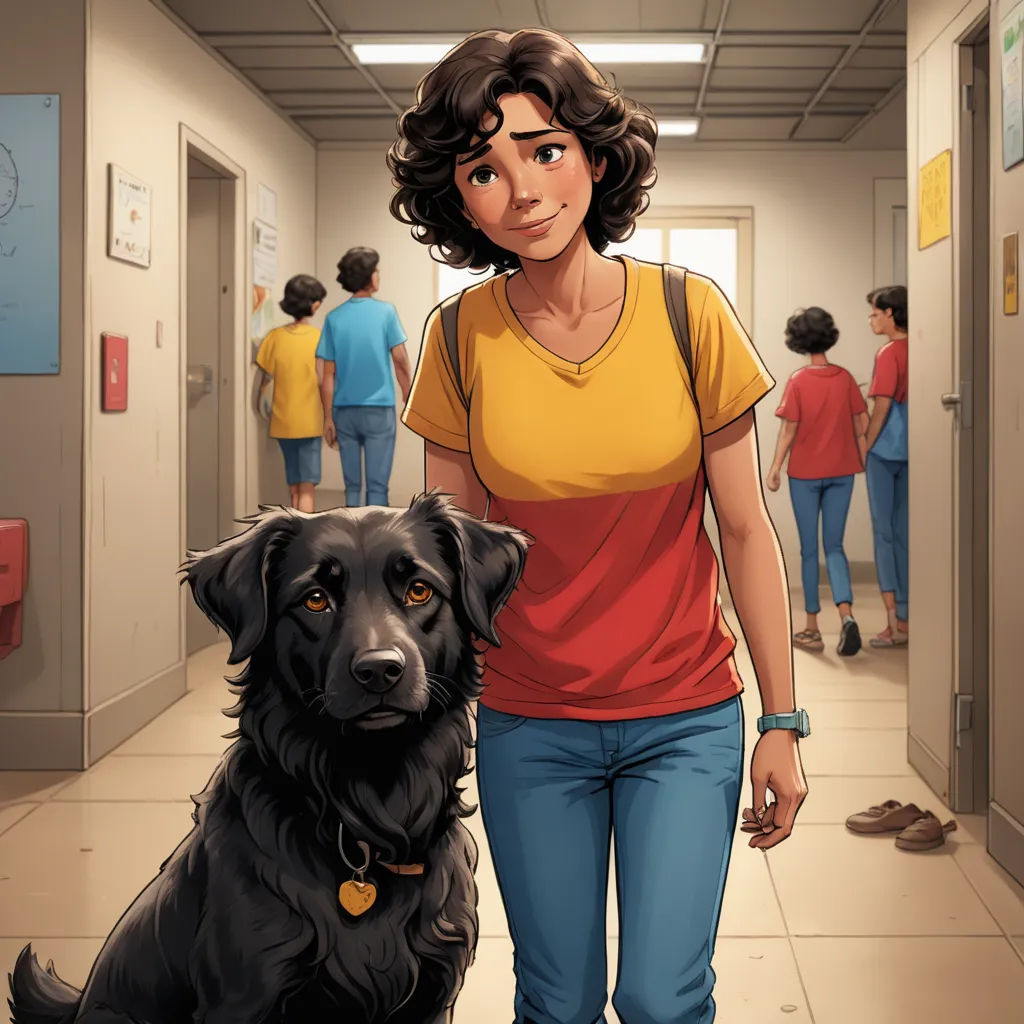 a woman walking down a hallway with a dog on the leash next to her on the floor is a group of people, serial art, a comic book panel, Cedric Seaut (Keos Masons), comic cover art