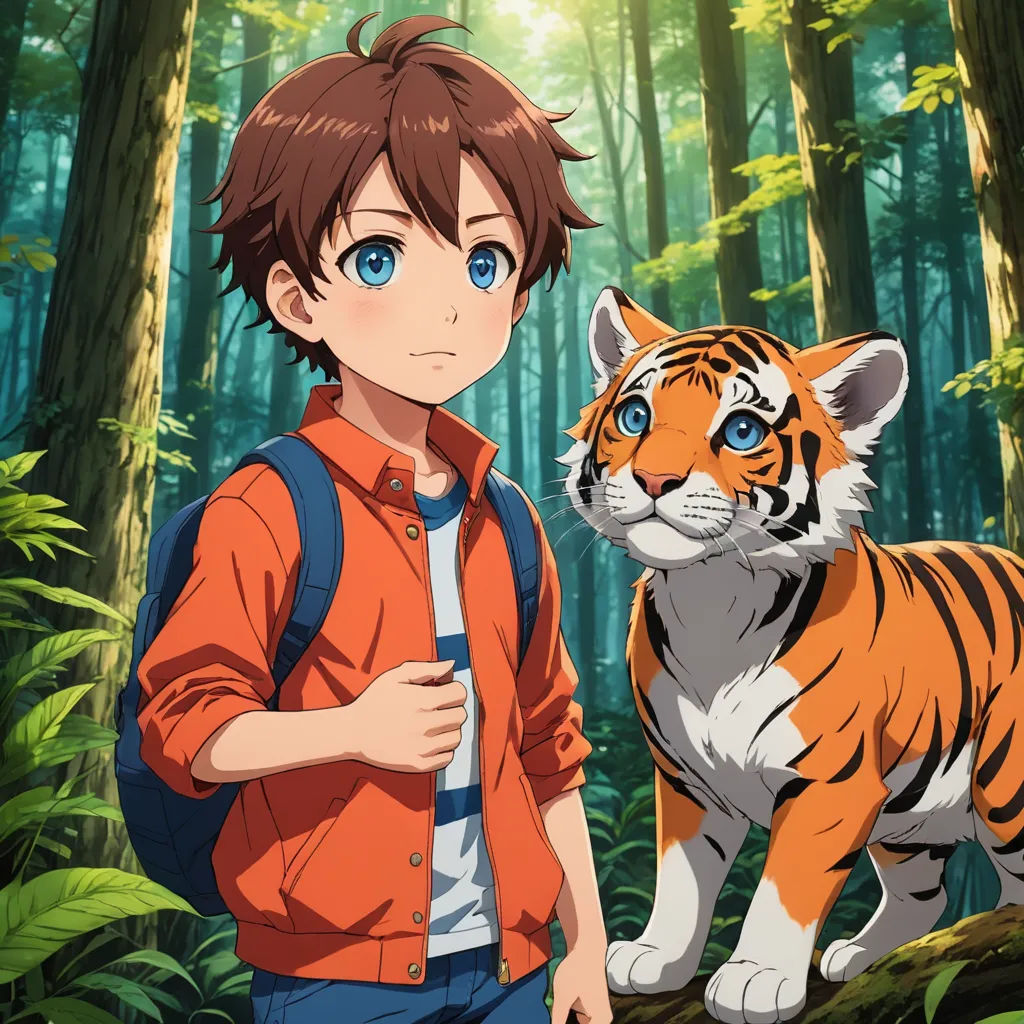 a boy with a backpack and a tiger in the woods behind him, looking at the camera, with a forest in the background, rayonism, concept art, Eizan Kikukawa, official art