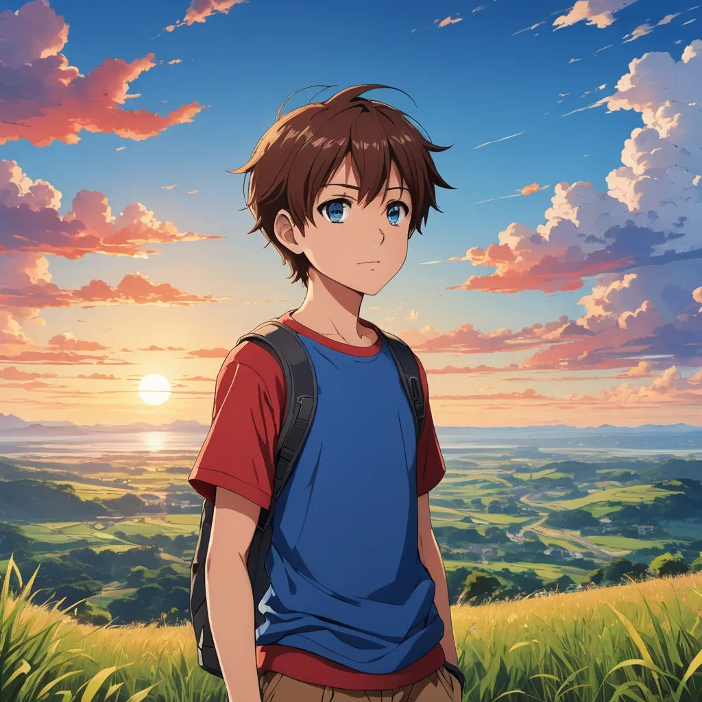 a boy standing in a field with the sun setting behind him and clouds in the sky above him,, dau-al-set, a character portrait, Adam Manyoki, anime key visual