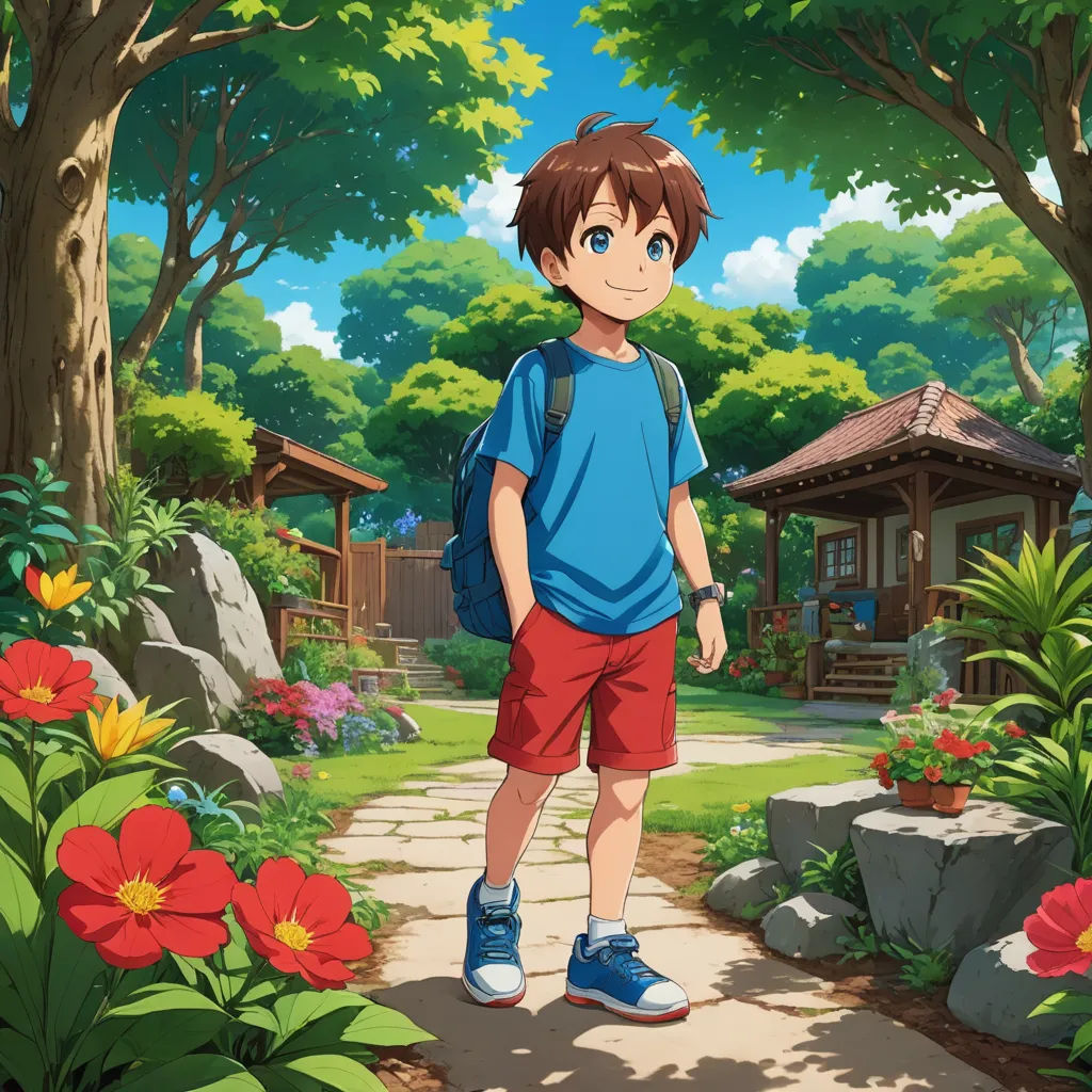 a boy in a blue shirt and red shorts standing in front of a tree and flowers with a backpack on, rayonism, concept art, Cedric Seaut (Keos Masons), official art