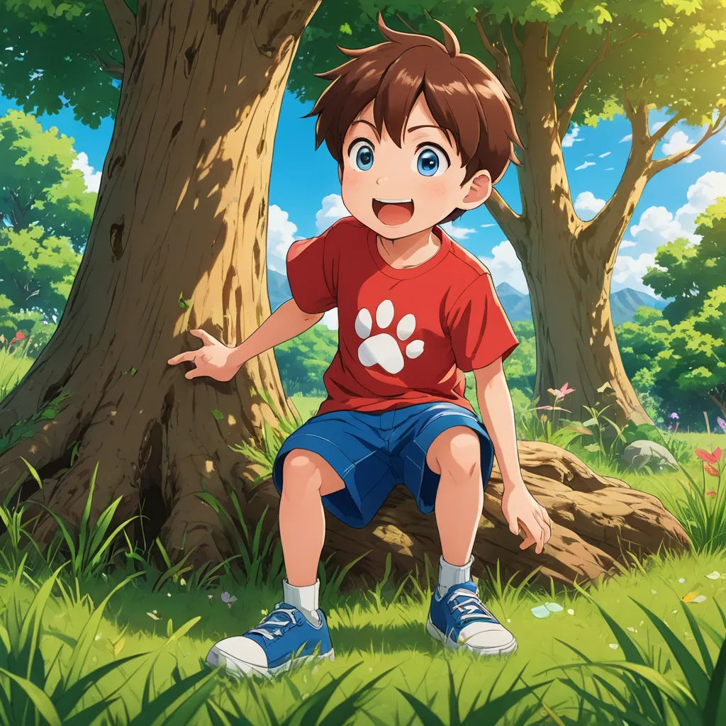 a boy sitting on a tree in a forest with a paw print on his shirt and blue shorts, with a red shirt and blue shoes, sots art, concept art, Anne Said, official art