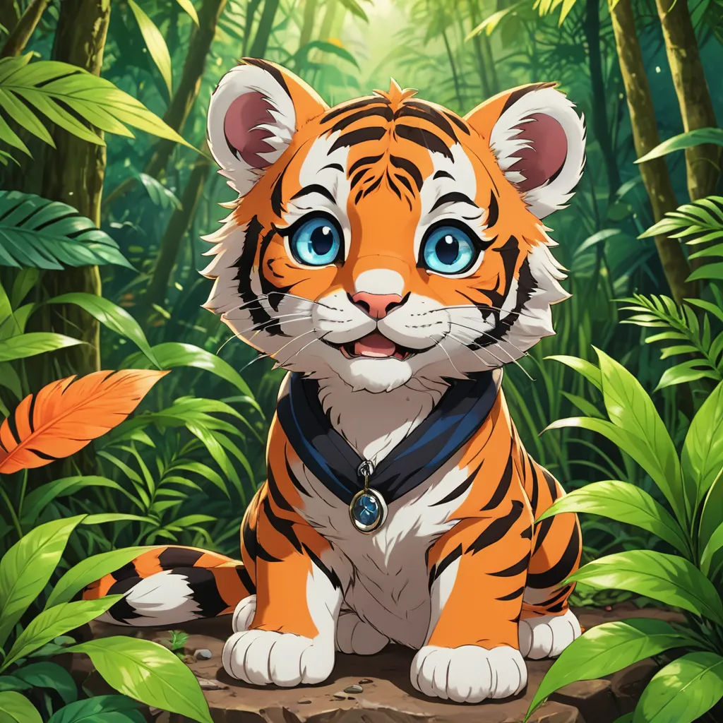 a tiger sitting on a rock in the jungle with blue eyes and a black collar on it's neck, furry art, a character portrait, Chen Hong, official art
