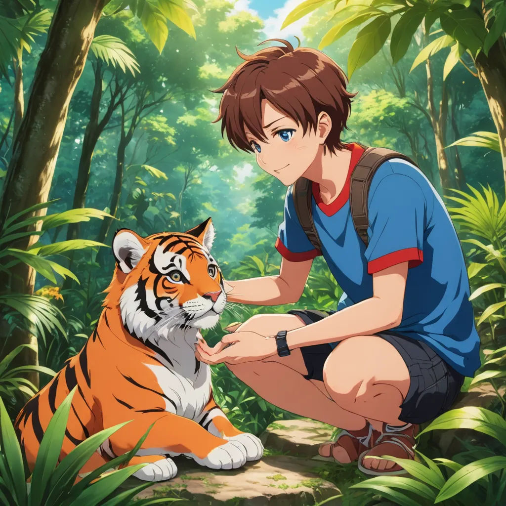 a boy kneeling down next to a tiger in the forest with a forest background and trees behind him, with a tiger in the foreground, sots art, a stock photo, Adam Manyoki, official art