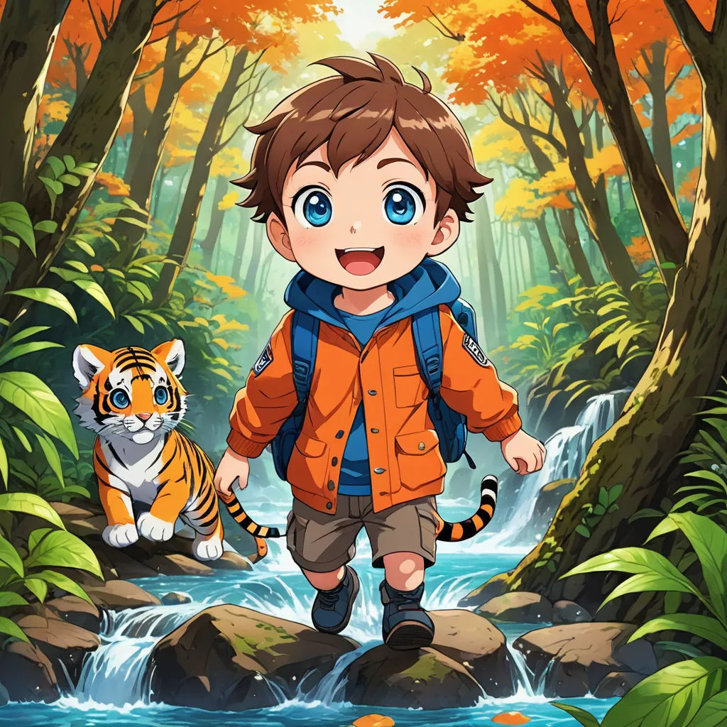 a boy with a backpack and a tiger in a forest with a stream of water and trees in the background, rayonism, a storybook illustration, Adam Manyoki, official art