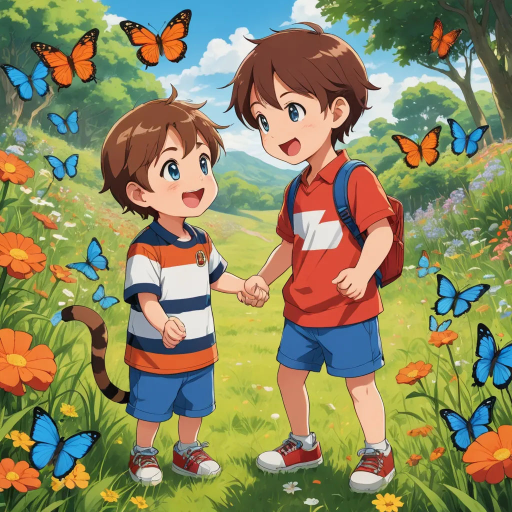 two children are standing in a field with butterflies flying around them and one boy is holding the hand of the other boy, rayonism, a painting, Anne Said, official art