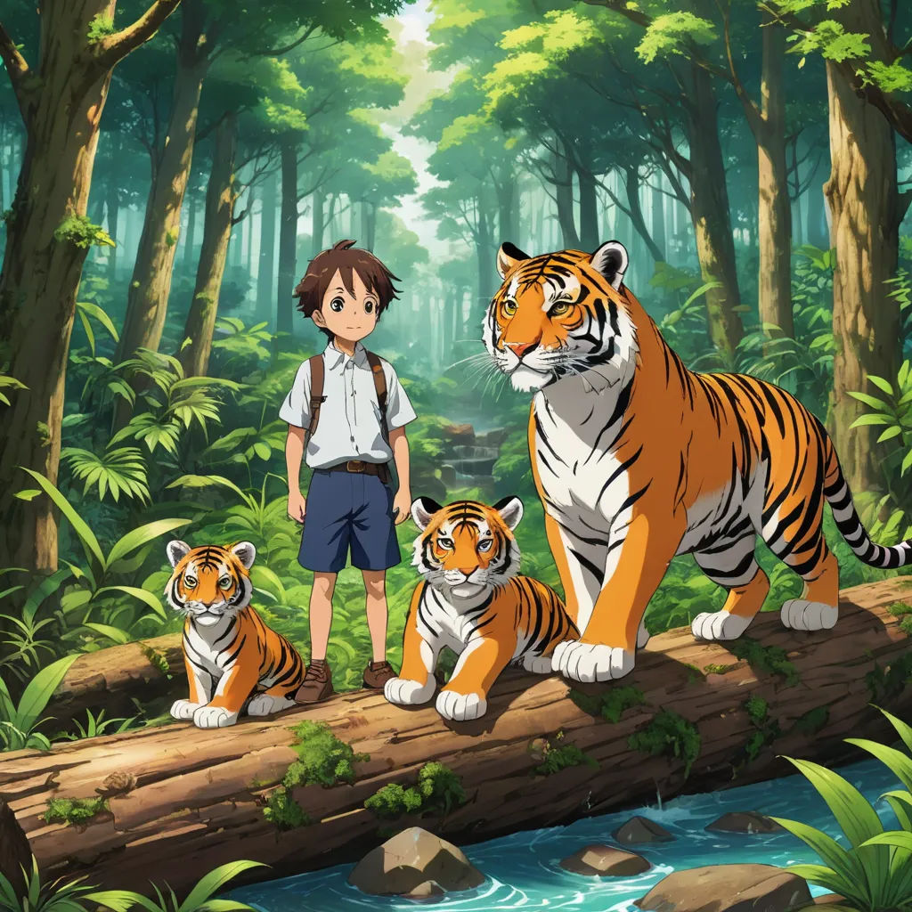 a boy standing next to two tigers on a log in a forest with a stream and trees behind him, bengal school of art, poster art, Eizan Kikukawa, promotional image