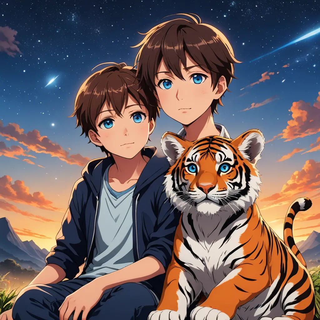 a boy and a girl are sitting next to a tiger in the grass with a sky background and stars, sots art, an album cover, Adam Manyoki, official art