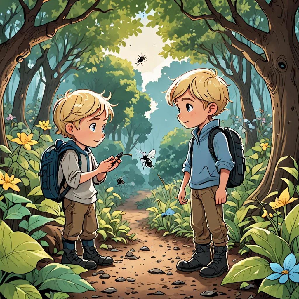 two children are looking at a butterfly in the woods together, with a forest background and a forest path, fantasy art, a storybook illustration, Aaron Jasinski, official art