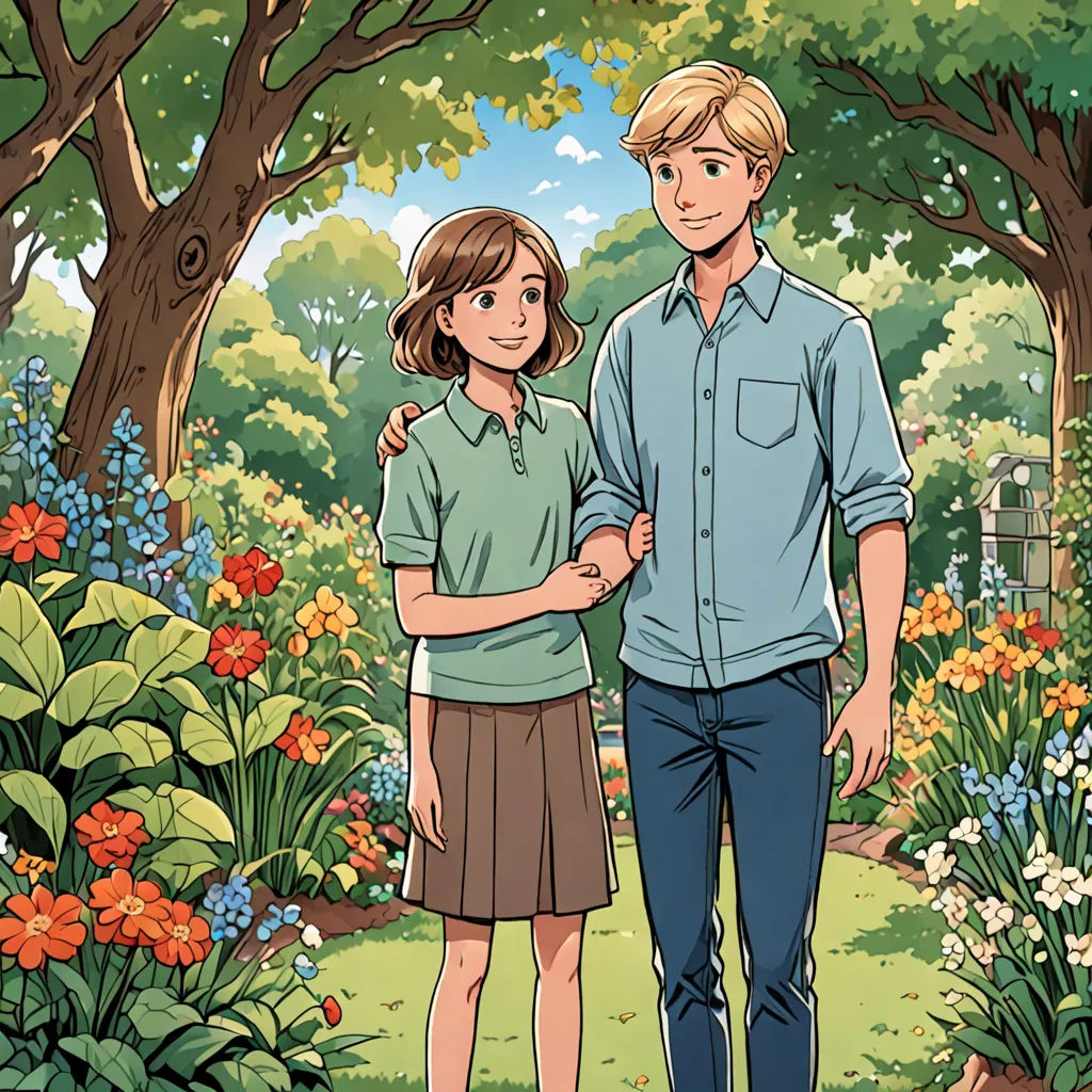 a man and a woman standing in a garden with flowers and trees behind them, with a birdhouse in the background, serial art, a storybook illustration, Colin Middleton, official art
