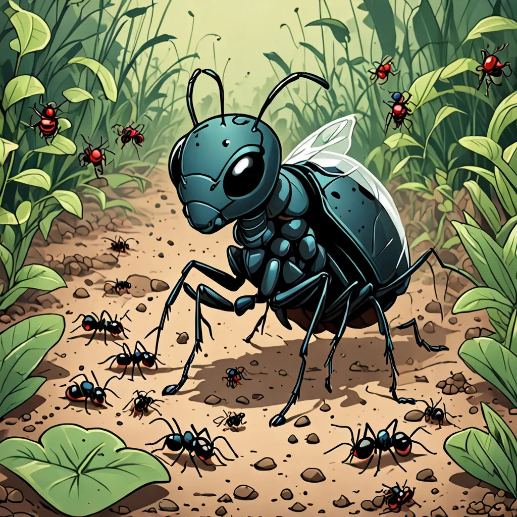 a bug is standing on the ground surrounded by plants and bugs, with a green background and a yellow light, antipodeans, an illustration of, Asaf Hanuka, detailed illustration