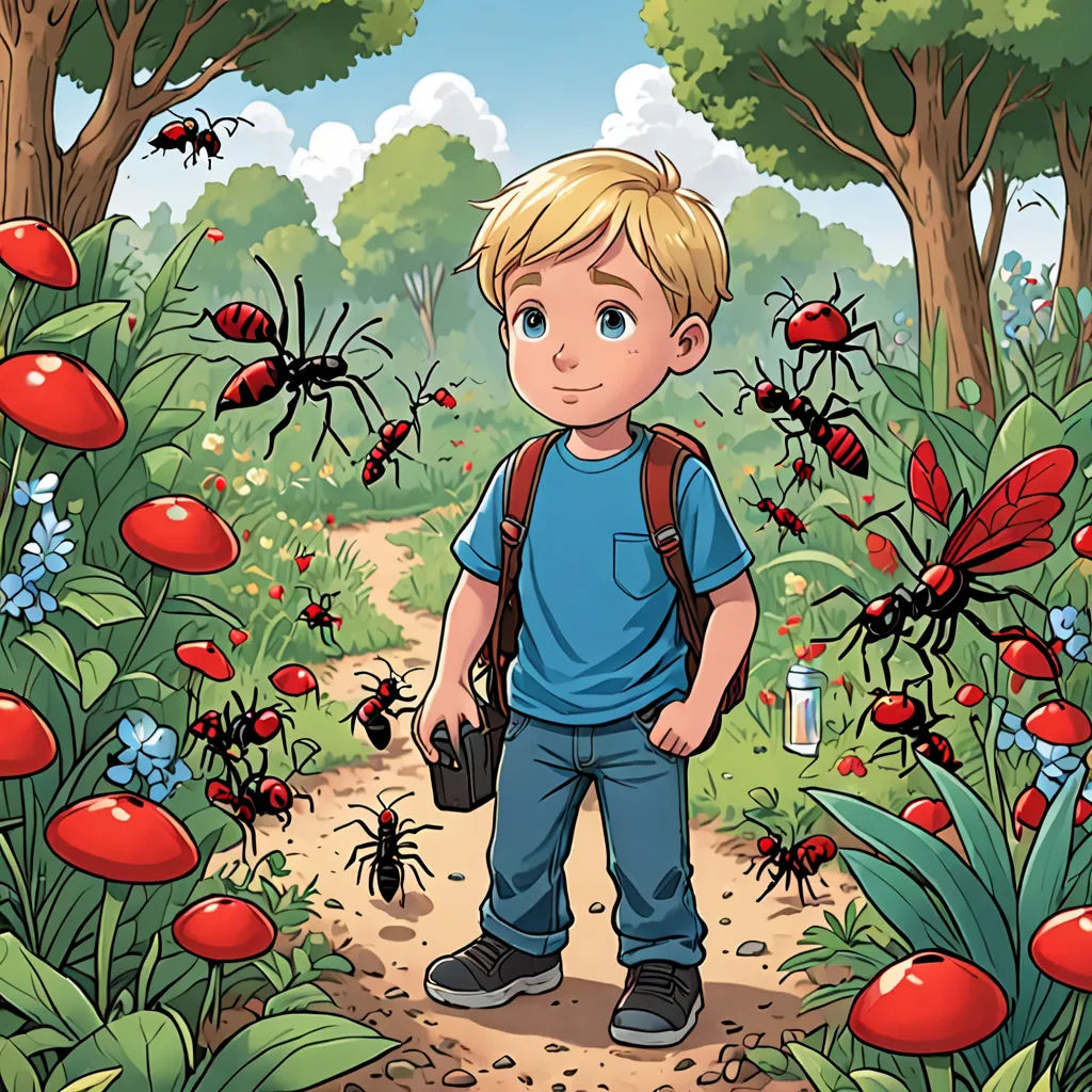 a boy standing in a field of bugs and flowers with a camera in his hand and a bug in his hand, lyco art, a storybook illustration, Aaron Jasinski, storybook illustration