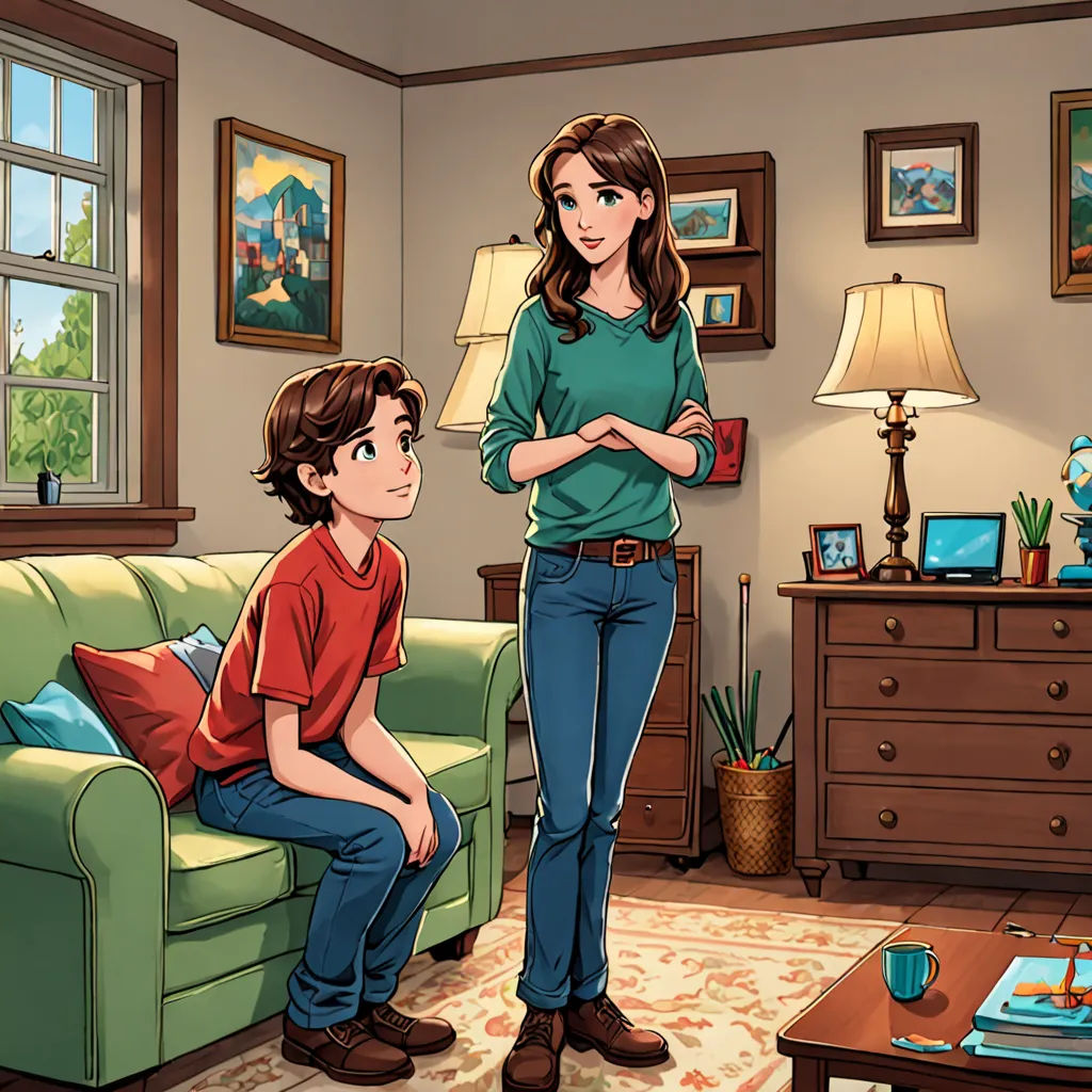 a woman standing next to a boy in a living room next to a couch and a table with a laptop, american scene painting, a storybook illustration, Elisabeth Collins, official art