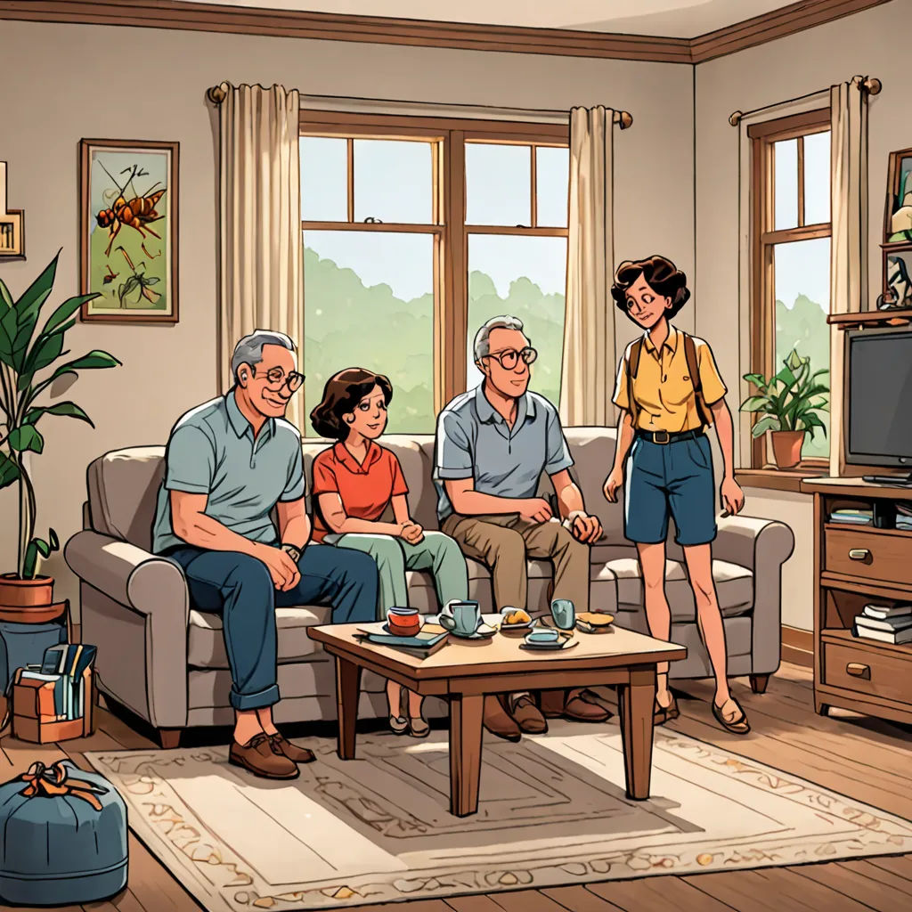 a family sitting on a couch in a living room with a tv and a couch in the background,, american scene painting, a comic book panel, Colin Middleton, promotional image