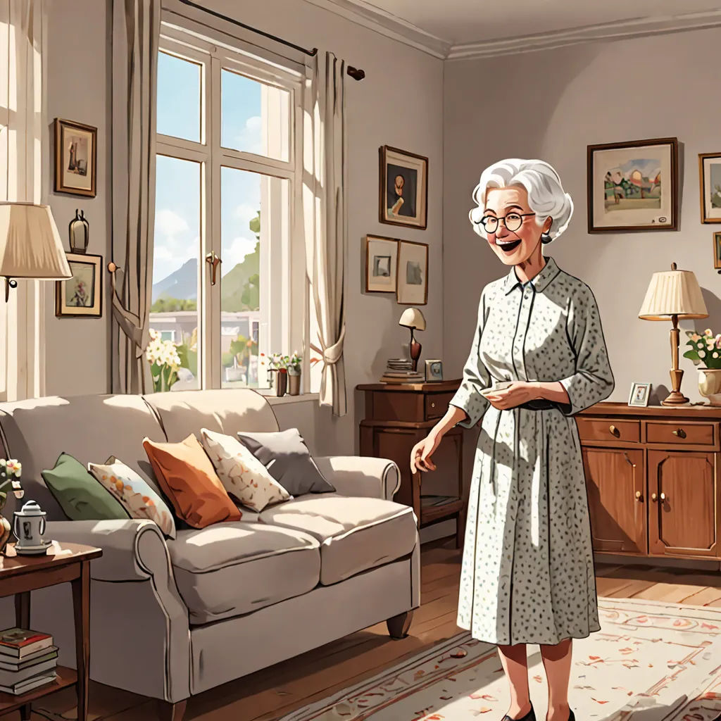 a woman in a living room with a couch and a table with a lamp on it and a painting of a woman in a dress, american scene painting, a storybook illustration, Colin Middleton, promotional image