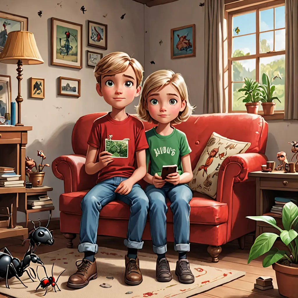 a couple of kids sitting on a red couch in a living room next to a spider and a lamp, photorealism, a storybook illustration, Aaron Jasinski, storybook illustration