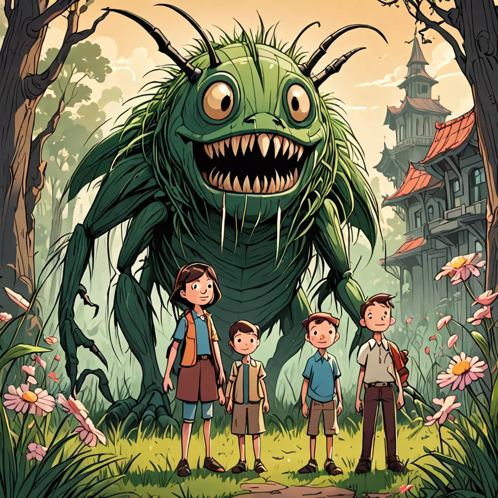 a group of people standing in front of a giant monster with a face on it's head and a house in the background, fantasy art, a storybook illustration, Diego Gisbert Llorens, comic cover art