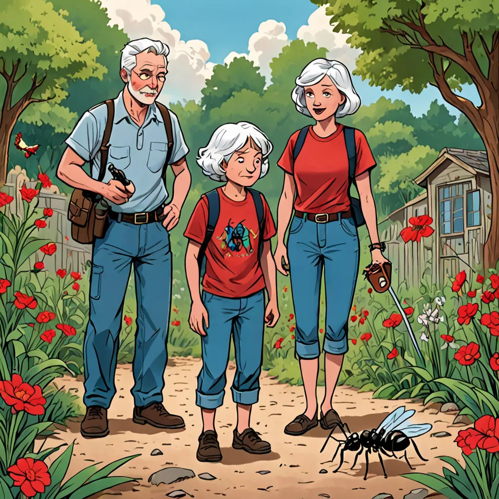 a family of three standing in a garden with a bug on the ground and a house in the background, ecological art, a storybook illustration, Doug Wildey, promotional image