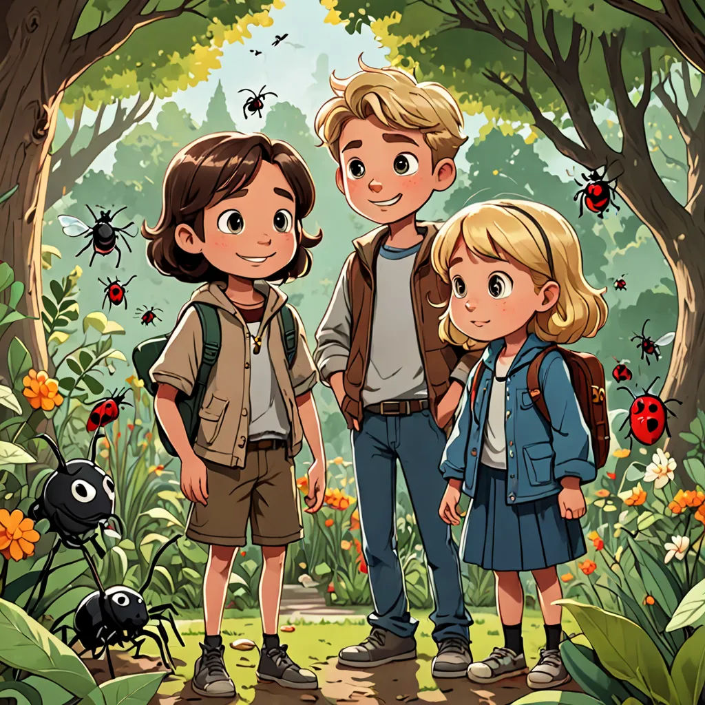 a couple of kids standing next to each other in a forest with bugs on the ground and trees and flowers, paris school, a storybook illustration, Cliff Childs, comic cover art
