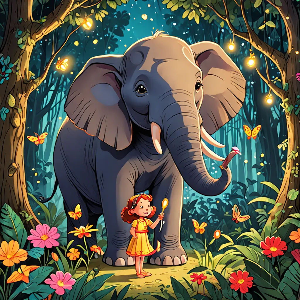 a girl standing next to an elephant in a forest with butterflies and flowers on it's trunk and a light shining on its trunk, Ella Guru, magical realism, a storybook illustration, storybook illustration