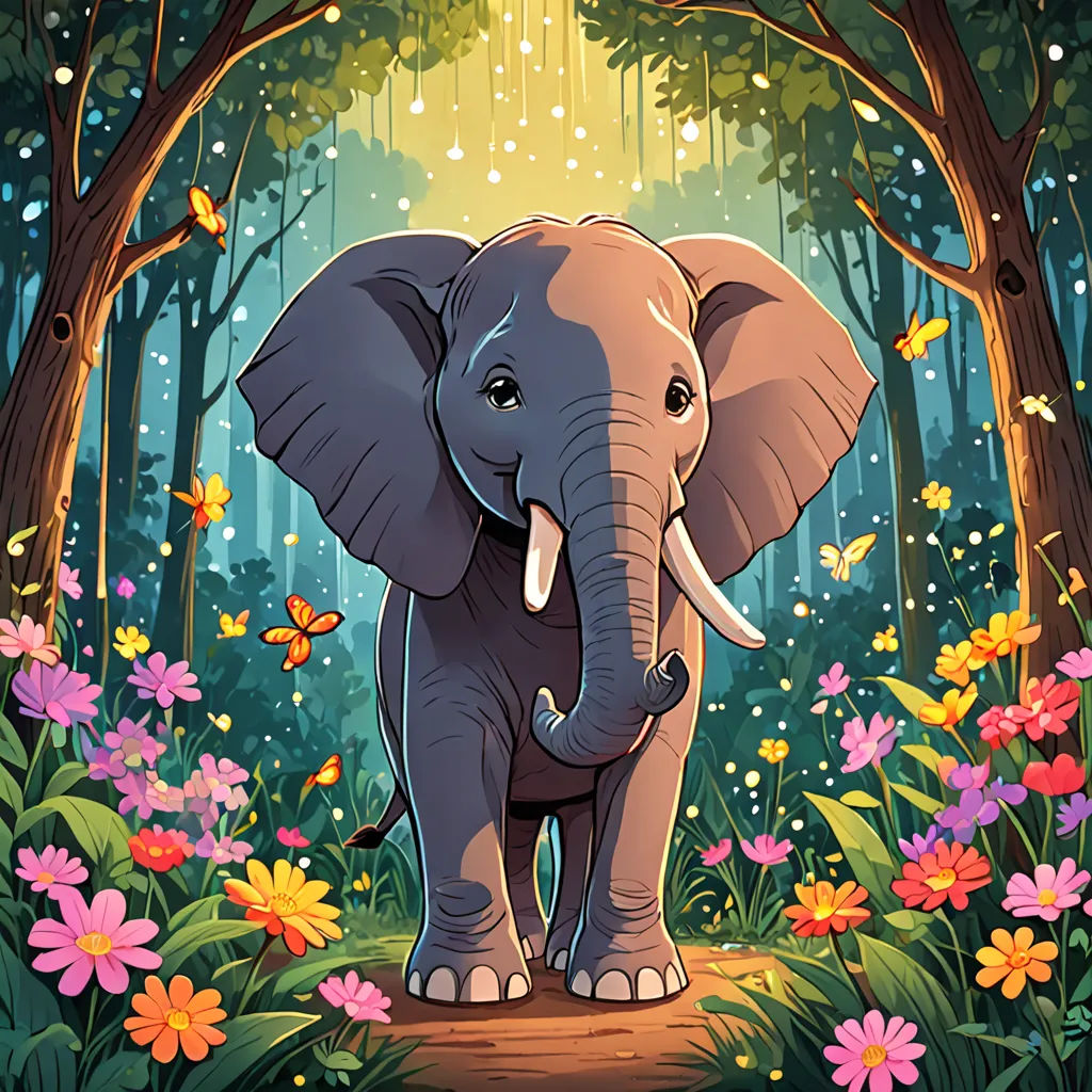 a cartoon elephant standing in a forest with flowers and butterflies around it's feet and a tree with a light shining on it, Chris LaBrooy, fantasy art, a storybook illustration, official art