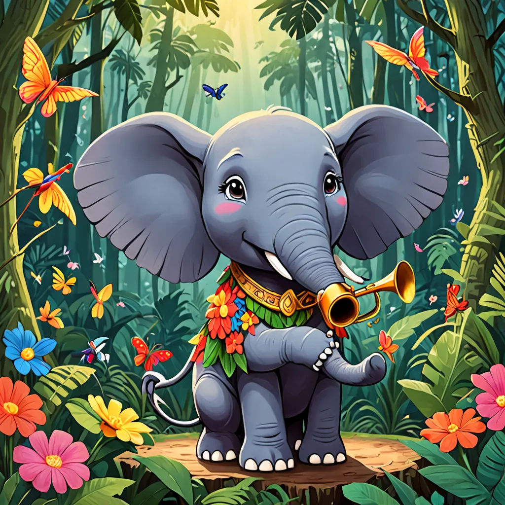 a cartoon elephant playing a trumpet in a jungle with butterflies and flowers around it, with a butterfly on its back, Ella Guru, fantasy art, a storybook illustration, official art