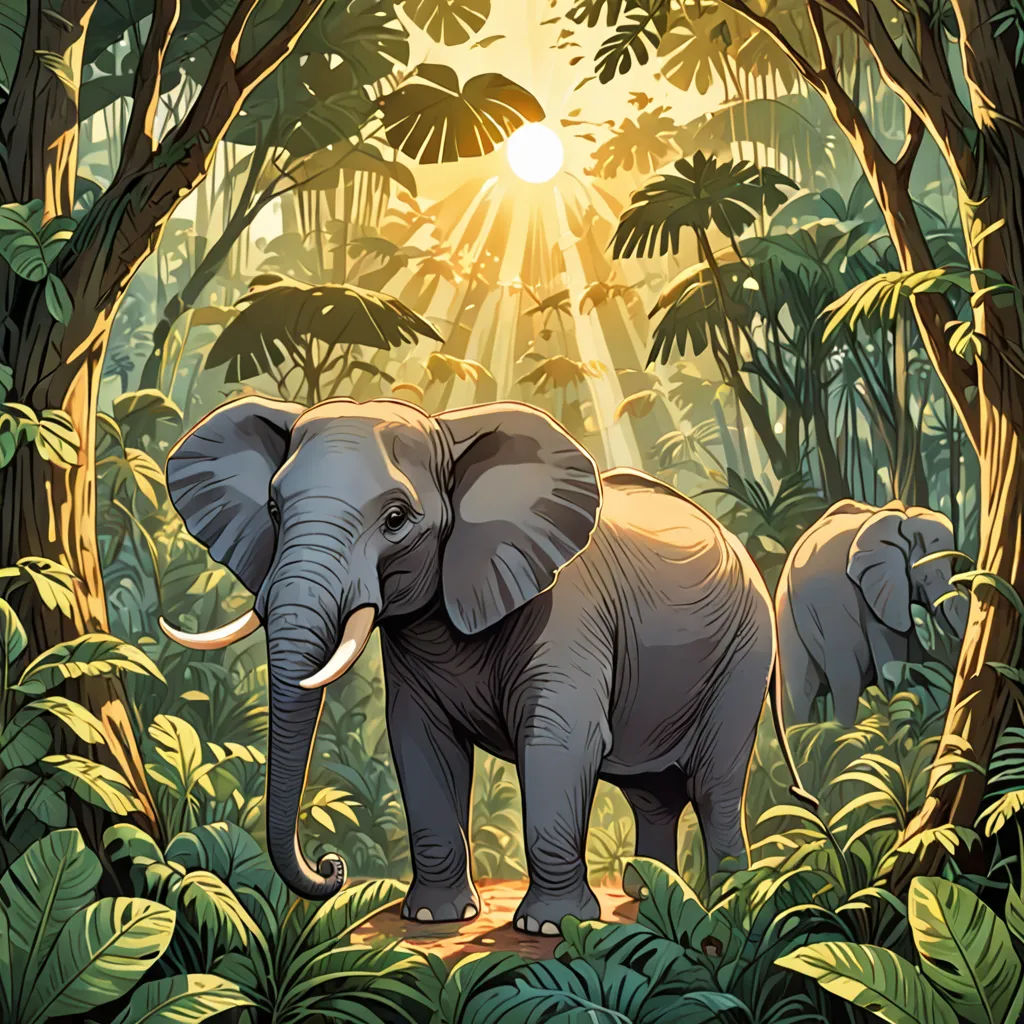 a painting of two elephants in a jungle setting with the sun shining through the trees and the leaves on the ground, Chris LaBrooy, sumatraism, a storybook illustration, jungle