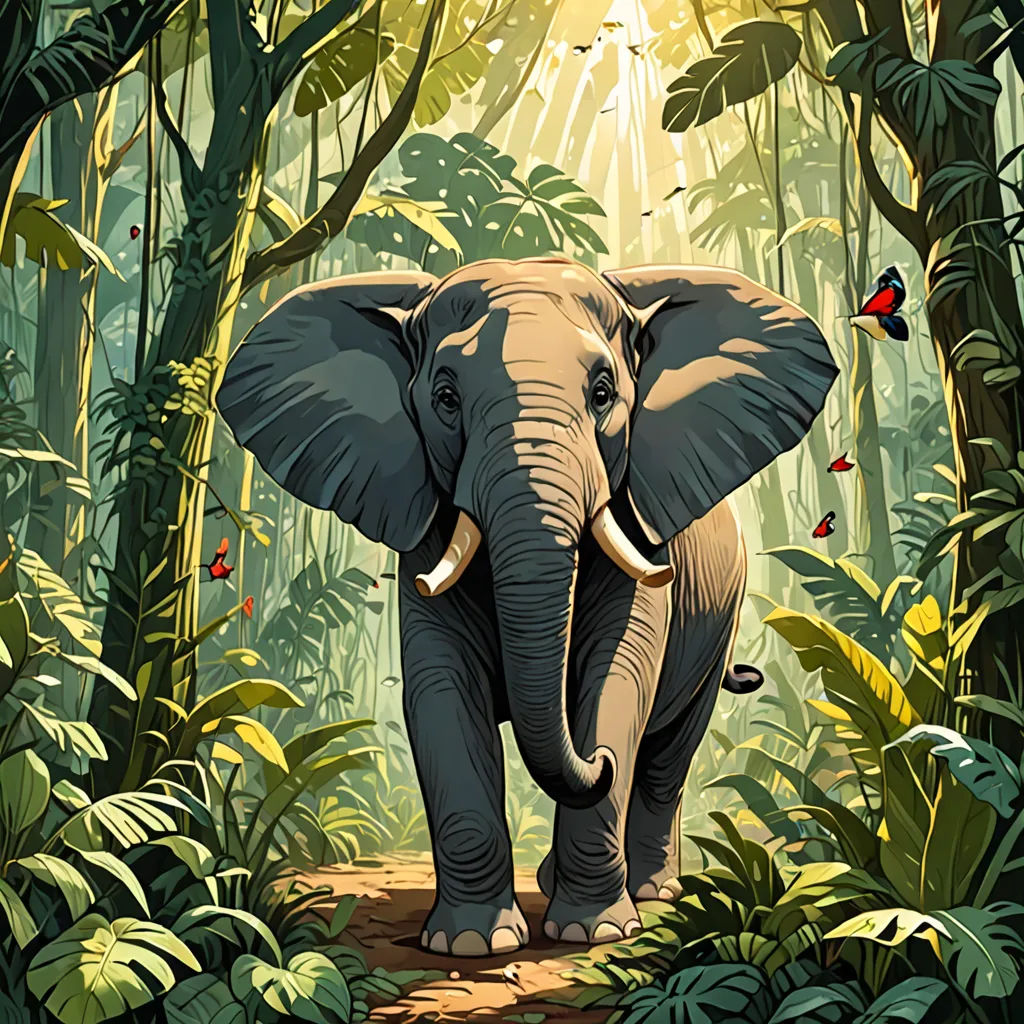an elephant walking through a lush green forest filled with leaves and butterflies, with a red butterfly on its trunk, Chris LaBrooy, sumatraism, a storybook illustration, jungle