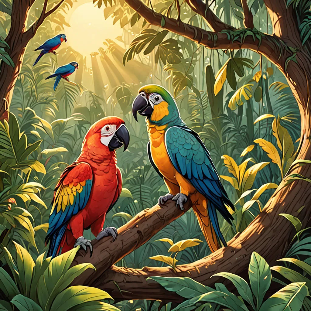 two parrots are sitting on a branch in the jungle with a sunbeam in the background and a jungle scene, Chris LaBrooy, fantasy art, a storybook illustration, highly detailed digital painting