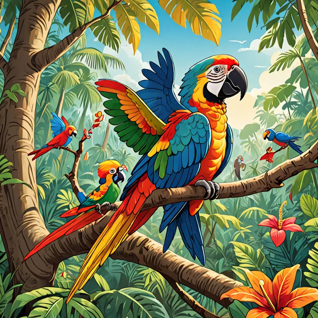 a painting of a parrot sitting on a branch with other birds in the background of a jungle scene with flowers and trees, Chris LaBrooy, psychedelic art, a storybook illustration, highly detailed digital painting
