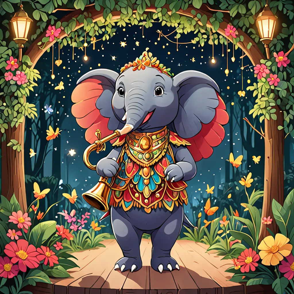 a cartoon elephant with a golden crown and a bell in a forest with flowers and butterflies around it, surrounded by a wooden walkway, Ella Guru, fantasy art, a storybook illustration, official art