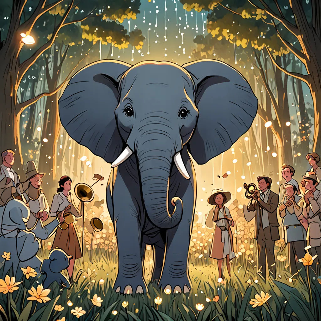 a painting of an elephant surrounded by people in a forest with trees and flowers, with a light shining on the elephant, Chris LaBrooy, magical realism, a storybook illustration, promotional image